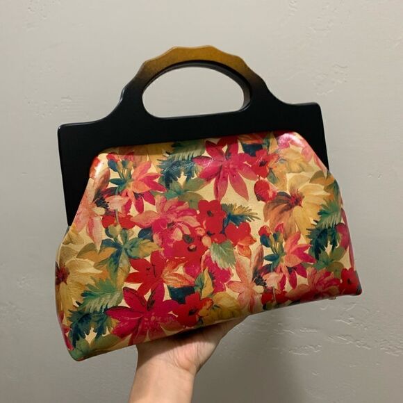 Handmade Genuine Leather Floral Print Large wooden Frame Bag & 2 Strap Styles - Picture 8 of 15